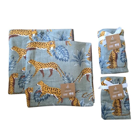 Deborah Connolly Leopard Cheetah Jungle 2 Bath + 2 Hand + 2 Tip Towels NWT - Picture 1 of 5